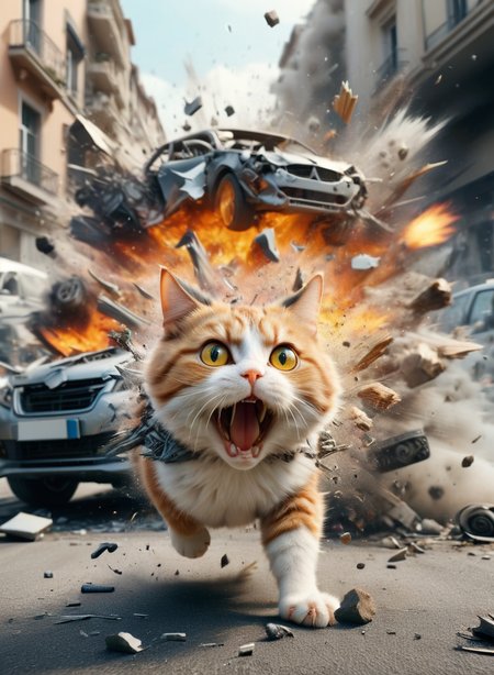 portrait of a surprised cat, car explosion in the background, High detailed RAW color Photo, 8k, ral-vlntxplzn,  <lora:ral-vlntxplzn-sdxl:0.8>