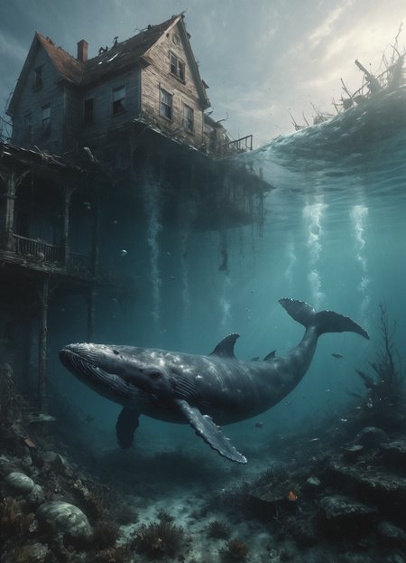 big whales swim through a dead underwater sity, destroyed houses, side shot, dregs, particles, bubbles, glare, High detailed RAW color Photo, 8k,  <lora:detailed_notrigger:0.8> <lora:Desolation:0.5>