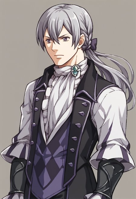 score_9, score_8_up, score_7_up, source_anime, 1boy, arms at sides, <lora:zs_FE9PortraitsXL:1> fe9portraits, solo, cowboy shot, simple background, <lora:JakobFE-pdxl:1> defJakob, long hair, low ponytail, butler, brooch, vambraces, gauntlets