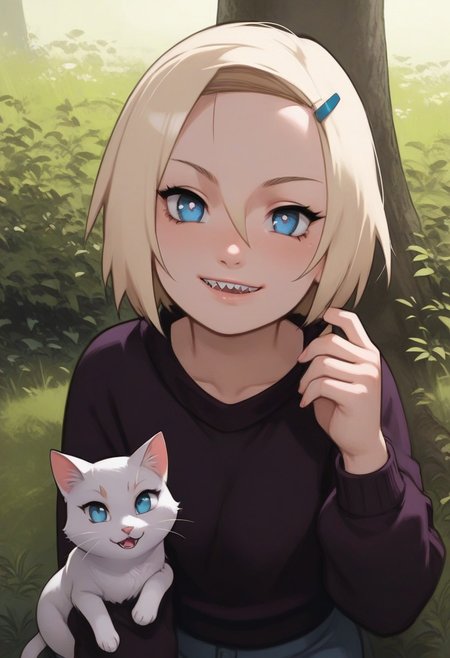 ino, hair ornament, hairclip, 1girl, solo, blonde hair, short hair, blue eyes, smile, looking at viewer, BREAK level_9, level_8_up, level_7_up, source_anime, masterpiece, BREAK naruhodou_artstyle, BREAK outdoor, sweater, selfie
long hair, shirt, cross-shaped pupils, hair between eyes, sharp teeth, smiling, 
BREAK
level_9, level_8_up, level_7_up, level_6_up, level_5_up, source_anime, masterpiece 
BREAK
laying on the floor, cats, a lot of cats, cats all around, covered in cats, CATS, cat, happy, cats everywhere, cats all over ino cuddling, cute, patting cats, various colors of cats, various cats,