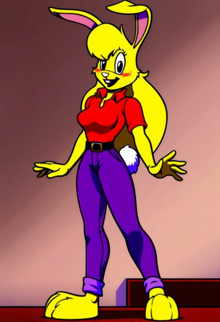 score_9, score_8_up, score_7_up, score_6_up, score_5_up, score_4_up, retro artstyle, BREAK 
LoriJackRabbitPXL, rabbit girl,long yellow hair,yellow skin,1girl, solo,rabbit tail,yellow skin, animal ears, pants, black eyes, colored skin,rabbit ears,long yellow hair, belt, smile, shirt, black belt, open mouth, looking at viewer,rabbit girl,rabbit tail, full body, breasts, standing, furry female, blush, red shirt,purple pants, :d, indoors,barefoot,furry, midriff peek
<lora:lorijackrabbit-v1:0.9>