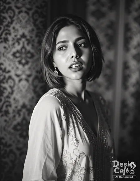 vintage greyscale photo of Aishwarya Lekshmi woman, hyper realistic photo that is safe for work, angry, studio quality image, well dressed wearing intricate sleevelessKurti with Leggings, hair styled as wispy fringe,muted shaded wallpaper background that contrasts with the person, cinematic lighting,âââââ <lora:Aish_Lekshmi_Flux_Kohya_V1-step00000300:1>âââ