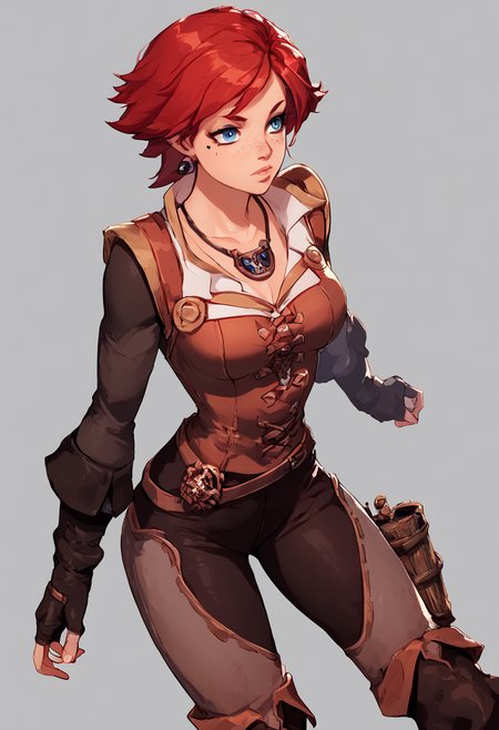 score_9,score_8_up,score_7_up,score_6_up, 1 woman, beautiful thighs, dynamic view, fantasy style, source anime, gothic, <lora:Brita_Overlord:0.77> brita, red hair, 1girl, solo, short hair, blue eyes, tomboy, mole under eye, freckles, necklace, gloves, warrior adventuress, boots, fingerless gloves, hourglass figure, oiled skin, lusty sexy facial expression, lips, beautiful breasts  <lora:add-detail-xl:1> <lora:SimplePositive_XL_v1_AutoRunMech:1> <lora:absurdres_quality:1>  <lora:Smooth Anime 2 Style SDXL_LoRA_Pony Diffusion V6 XL:1>