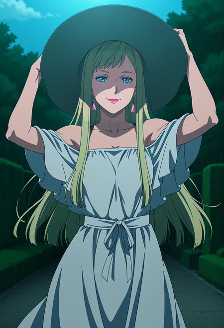 1girl,solo,Andalucia,blonde hair,long hair,blue eyes,earrings,lipstick,anime coloring,
sun hat, hat,bare shoulders, white dress,arms up,holding hat,outdoors,looking at viewer,smile
,masterpiece,best quality,amazing quality,<lora:Gigi_Andalucia-Mobile_Suit_Gundam_Hathaway:0.8>