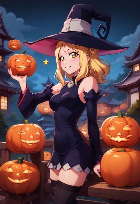 score_9, score_8_up, score_8, medium breasts, (curvy), cute, eyelashes, sitting on bench, side view, smile, looking at viewer,  ,,, 
<lora:mari-ohara-s2-ponyxl-lora-nochekaiser:1>, mari ohara, long hair, bangs, blonde hair, hair ornament, yellow eyes, braid, medium hair, hair rings, crown braid,
witch hat, witch, detached sleeves, black short dress, thighhighs,
<lora:wizard-ponyxl-lora-nochekaiser:1>, wizard, 
(pumpkins), night, stars, 
cowboy shot,  BREAK, pnkBldng, sky, day, cloud, tree, blue sky, building, architecture, east asian architecture, BREAK,  embedding:zPDXL, Expressiveh,   <lora:PinkBuildingsPDXL_v2:0.6>,  <lora:CatalystStylePDXL:0.3>,  <lora:SDXLFaeTastic2400:0.5>,  <lora:Expressive_H-000001:0.4>,
