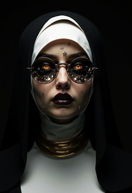 This is a highly detailed, high-resolution photograph of a nun. The nun is depicted in a modern, surreal, and provocative style, blending elements of gothic and religious iconography. She is wearing a traditional habit, which is a black veil and a white wimple, typical of Catholic nuns.