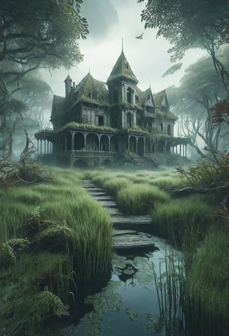 hd, 8k, masterpiece, award winning illustration  of an abandoned mansion covered with grass in a swamp, dungeons and dragons style, fantasy, group of adventurers outside, intricate details, heroic fantasy, spooky, fandist, GhostlyStyle