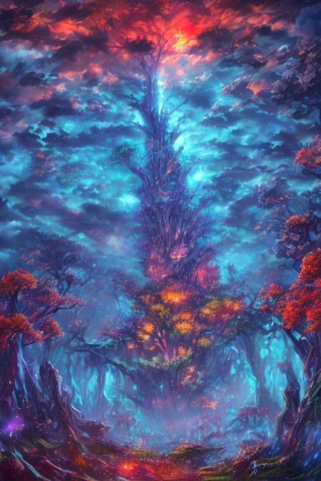 impressionism oil painting, 
fantasy forest,
an expansive ancient forest, featuring towering oaks, diverse wildlife, a variety of flora, and a feeling of grandeur,
glowwave,
dawn,
thunderstorm, and many small clouds, and slightly cloudy, glowing in the darkness of the abyss,