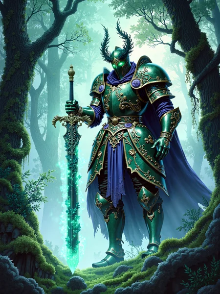 famous artwork, masterwork fantasy digital painting, 8k, 4k, dark enchanted forest, a towering armored knight stands in the foreground, facing forward with a commanding presence, his muscular physique emphasized by the heavy, ornate armor, the knights plate armor is a dark, rich green with intricate black and purple accents, decorated with motifs of vines, leaves, blossoms and elaborate flourishes, seamlessly blending with the forest around him, the helmet features curling, menacing horns and eerie glowing green eyes, enhancing his supernatural and ancient aura, he grips a massive long sword in his right hand, the blade glowing with an intense, ethereal blue light, while a large shield matching his armor's organic design rests on his left arm, both long sword and shield detailed with intricate engravings and naturalistic motifs, giving them an ancient, mystical appearance, the background is a misty, dense forest of tall, gnarled trees wrapped in thick moss and hanging vines, the forest floor is uneven and shadowed, scattered with twisted roots and patches of faintly glowing undergrowth, the fog weaves through the trees, adding depth and a dreamlike, eerie atmosphere, the camera angle is slightly low, looking up at the green knight, emphasizing his size, dominance, and the grandeur of the surrounding mystical forest, the wide framing captures both the towering trees and the full figure of the knight, drawing the eye upward toward his glowing long sword, the lighting is soft and diffused with a bluish-green tint, atmospheric mist enhances the depth and separation between foreground and background, delicate shafts of cold light filter through the canopy, highlighting the metallic gleam of the armor and the magical glow of the long sword, deep shadows create strong contrast without overwhelming the image's rich texture, painted with ultra-high-definition digital illustration techniques, blending realistic texturing with stylized fantasy elements, smooth gradients, fine surface detailing, crisp silhouette, color grading emphasizes dark greens, muted purples, and luminous blues for an immersive, mysterious mood, ovg, studio ghibli dark fairytale, <lora:style-dark_ghibli-flux-by_arsmachina:0.56> <lora:flux_ultimate_at_home-hiresfix_lora-flux-by_42lux:0.36>