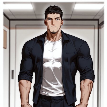 <lora:Lee_Hyunsung__Omniscent_Reader-000006:.7> hyunsunglee, 1boy, short hair, black hair, muscle body, t-shirt, blazer, pants
(very short hair, beard, bara, mature, facial hair, stubble, beard, full beard, sideburn, beard, a lot of beard, ), facial hair,male focus, muscular male, muscular male, bara, mature,  bara, mature, aixiwuganda_(20222192), very awa, masterpiece, best quality, absurdres, newest, perfect quality, detailed background, intricate details,
<lora:slider_Body Type_alpha1.0_rank4_noxattn_last:3><lora:style_Anime Summer Days 2 Style SDXL_LoRA_Pony Diffusion V6 XL:.6><lora:slider_cfg_scale_boost:.7><lora:face_Artist6p-10:.55>, Artist6p, Artist04p,<lora:slider_il_brightness_slider_d1:-1><lora:slider_il_contrast_slider_d1:-1><lora:slider_DarkSlider1.2_alpha1.0_rank16_full_300steps:-.6>