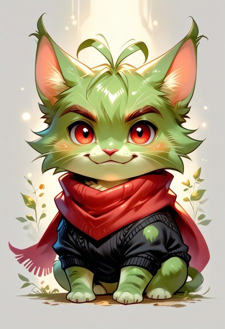 score_9, score_8_up, score_7_up, source_furry, solo, adorable cat, male, partial body, close view, black sweater, red scarf, arrogant (green fur, red eyes, antenna, chibi body:1.4), (indirect lighting, dynamic lighting:1.4), Simple background, (detailed image, high resolution, 5k resolution:1.0), (las lindas art style:0.90), (chibi Art Style:0.80)