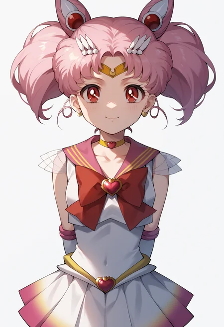 score_9, score_8_up, score_7_up, score_6_up, score_5_up, score_4_up, BREAK, source_anime,
1girl, chibiusa, pink hair, twintails, cone hair bun, double bun, red eyes, earrings, hair ornament, tiara,
red bow, heart brooch, choker, white elbow gloves, magical girl, multicolored clothes, multicolored pleated skirt, pink sailor collar, sailor senshi uniform,
hands behind back, smile, upper body, looking at viewer, solo, simple background, white background     <lora:ChibiusaXL:1>