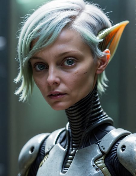 alien species A mysterious close-up of a woman with platinum blonde hair styled in a pixie cut, her sharp features and cool grey eyes shaded in deep shadows, her expression unreadable as she looks off to the side.   <lora:alien-species:1.3>