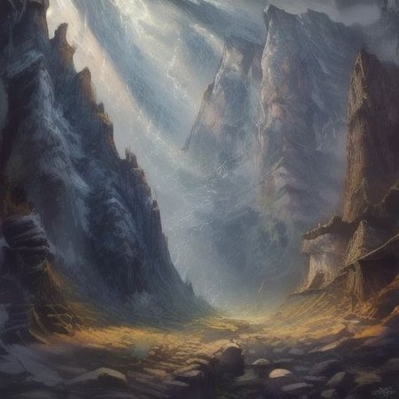 ((Masterpiece)), realistic digital painting of the hall of the mountain, official art,  perfect composition, cinematic lighting, crepuscular rays,