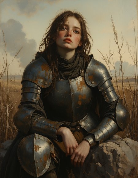 An oil painting portrait of a female Knight Templar wearing 1500s full plate armor, her armor battered and bloodstained, sits wearily on a large rock. Her face is dirty, streaked with sweat and grime, and her eyes reflect a deep sadness and exhaustion. The battlefield around her is littered with remnants of the fierce battle, with smoke rising in the distance. The setting sun casts a somber light, highlighting the weariness etched into her features
Painted by John Singer Sargent, Rembrandt lighting, brush stroke, Focus on the girl, shadow and light, Masterpiece, intricate lines, intriguing atmosphere, sharp magnificent details, delicate features, elaborate details, (2\3 rule composition:0.5), ultra detailed, romantic, Rembrandt lighting, brush stroke, lovely, novuschroma, in the style of Rembrandt. vantablack, OBxiaoxiang <lora:style_of_Rembrandt_FLUX_135:.8> <lora:- Flux1 - vanta_black_V2.0:.6> <lora:113_novuschromaFLX_1:.2> <lora:Midjourney_Whisper_Minimal:.3> <lora:neeeg_f1:-.5>  
 <lora:OBååå®èåç»V2.0:.6>