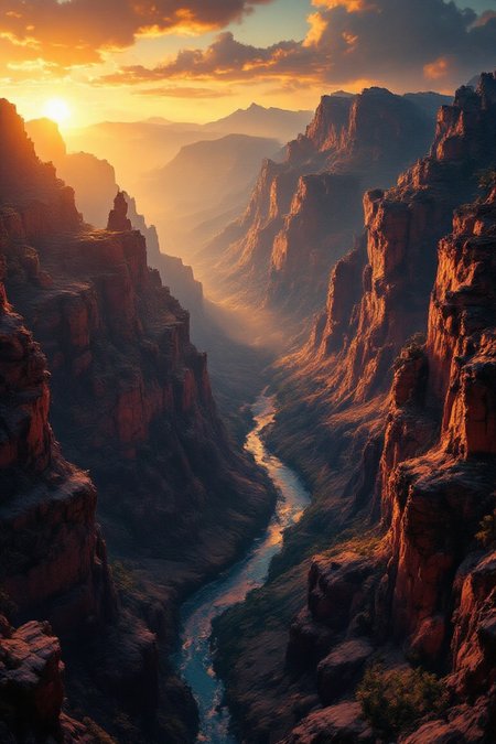 Spooky Art Drawing.  aidmafluxpro1.1. Panoramic view of the Grand Canyon at sunrise, with the warm golden light casting a dramatic glow on the rugged terrain. The Colorado River winds its way through the valley below, a tiny ribbon of blue against the vast expanse of rust-red rock formations. A delicate mist shrouds the canyon, adding an air of mystery to this breathtaking scene.