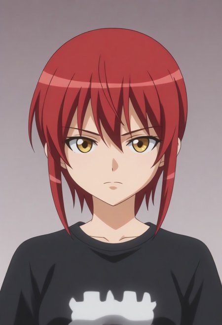 source_anime, anime screencap, source_anime, auratheguillotine, anime screencap, masterpiece, source_anime, shiny skin,,,,,,black t-shirt,1girl, solo, rza, red hair, yellow eyes,