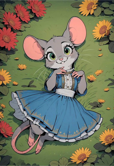 score_9, score_8_up, score_7_up, score_6_up, score_5_up, score_4_up,
[][][]
Create a cute, cartoony image of a mouse girl with grey fur and bright green eyes. She is wearing a cheerful blue dress and is laying in a vibrant field of colorful flowers. The scene should be whimsical and charming, with the flowers surrounding her in a lush, playful manner. The overall aesthetic should be colorful, friendly, and animated, capturing a lighthearted and enchanting atmosphere,
feral, in the style of beatrix potter, flat color,