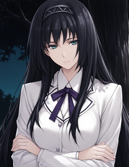 1girl, solo, tsukishima orihime, black hair, long hair, hairband, aqua eyes, expressionless, medium breasts, school uniform, white blazer, purple ribbon, neck ribbon, looking at viewer, crossed arms, portrait, tree, tree shade, outdoors, night, dark theme, low light  <lora:tsukishima_orihime_ilxl_v1:0.8>