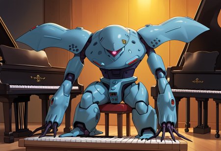 score_9, score_8_up, score_7_up, source_anime, front view, BREAK,  ( hygogg, blue_hygogg_armor, pink monoeye, from side, looking at viewer, long arms, very long arms, long claws) 1mech, blue mech, wide mech, large shoulders, large shoulder armor, mech focus, solo, BREAK, two arms, grand piano, sitting, playing piano,