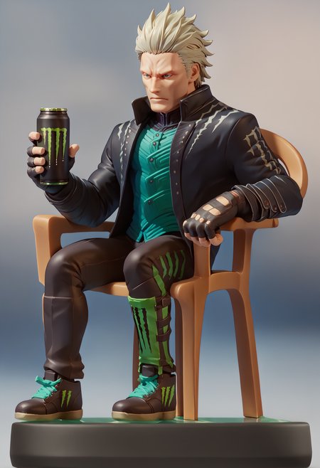 score_9, score_8_up, score_7_up, amiibo, figure, solo, full body, <lora:Amiibo_pdxl_Incrs_v1:1>, <lora:dmc5_vergil_ponyXL:1> dmc5vergil, black coat, fingerless gloves, pants, <lora:PlasticChair_XLPD:1> plastic chair, sitting, leaning, monster energy, holding,