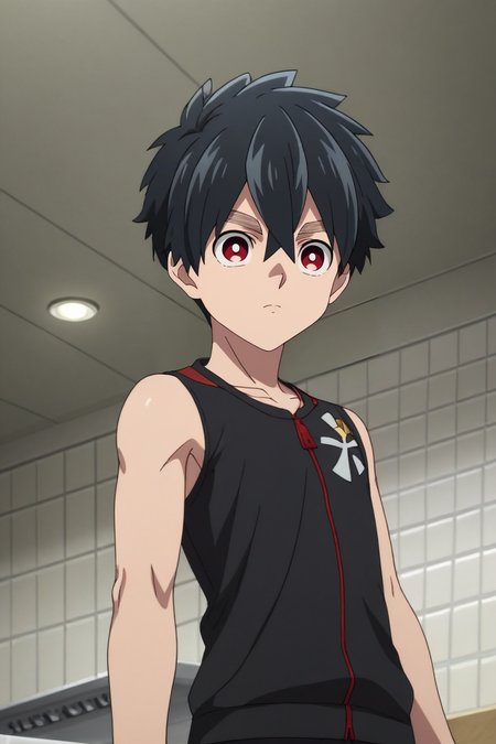 score_9, score_8_up, score_7_up, source_anime, rating_safe, , anime screencap, anime coloring, official style, , depth of field, 1boy, solo, male focus, <lora:kabane_kusaka_pony:0.98>, kabane_kusaka, black hair, red eyes, short hair, hair between eyes, from below, kitchen, indoors, (dynamic pose:1.2), skin fang, , <lora:sdxl_lightning_8step_lora:1>
