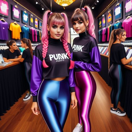 appliqu style, layered fabric, colorful, patterned, textured elegant digital painting, the image portrays a striking digital art piece. at the center of the composition, one south american women, the image captures a vibrant and festive atmosphere with a 24 year old adult woman at its center. she is dressed in an eye catching ((satin)) dark top paired with shiny pink and purple  and punk spandex_leggings, beautiful long pigtails hair <lora:add-detail-xl:2>
 <lora:spandex_leggings_v1:1.2>