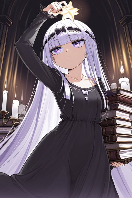 masterpiece, best quality, amazing quality,
 <lora:Syalis_IL:1> syalis, 1girl, long hair, purple eyes, solo, book, bangs, black dress, book stack, candle, blunt bangs, very long hair, long sleeves, star in eye, collarbone, holding, closed mouth, arm up