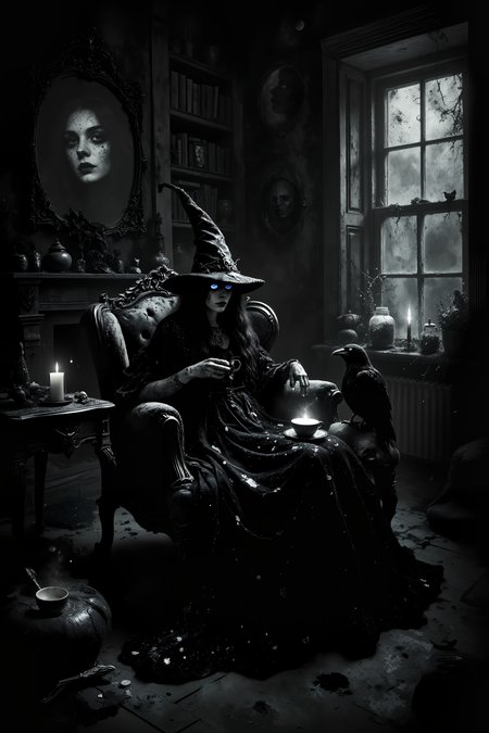 In a shadowy, cobweb-filled attic, a tall, elegant witch with deep ebony skin and silver tattoos lounges on an antique velvet chaise, sipping from a teacup made of bone. Her long, flowing black dress is adorned with glittering stars and crescent moons, and her pointed hat is tilted stylishly to one side. Surrounding her, shelves are filled with dusty spellbooks, strange trinkets, and jars of preserved creatures, all casting eerie shadows in the dim candlelight. A large, ornate mirror behind her reflects a ghostly image, as if something unseen is watching from another world. Perched on her lap, a sleek raven with intelligent, glowing blue eyes preens its feathers while keeping a watchful eye on the room. The window behind her shows a view of the full moon, its light casting soft beams through the dusty glass. The scene is a blend of gothic elegance and dark magic, with a sense of timeless mystery surrounding the witchâs secretive world.<lora:Dever_Flux_Enhancer:0.5><lora:Witchcore>