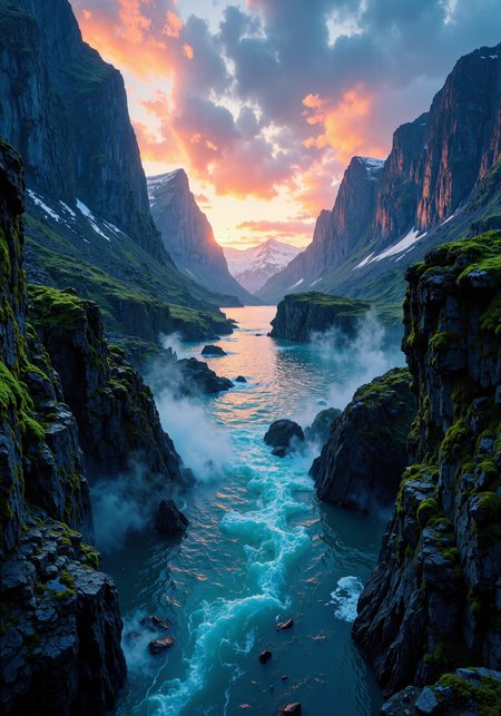 Sweeping aerial view, glacial fjord framed by steep, craggy cliffs; luminous twilight reflections on rippling water; intricate rocky textures, ancient moss-draped stone formations; dramatic low-angle perspective, atmospheric mist blending with a celestial sky; vibrant interplay of cool blues and fiery gold hues; ultra-detailed, 8K masterpiece quality; epic spatial composition, cinematic lighting enhancing the serene, raw natural grandeur; timeless landscape, visceral textures, emotive environmental ambiance, dynamic interplay of shadow and light. <lora:é£æ ¼å-è¶ç°å®:0.2> <lora:Classic_Anime_Colors:0.7> <lora:flux_dev:1>