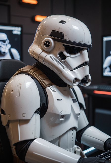 A photo of a (stormtrooper:1.3), playing CS:GO, in front of a gaming PC setup, (intense focus:1.2), wearing a white armor, with computer screen reflecting on helmet visor, keyboard and mouse in view, modern gaming chair, dimly lit room, Star Wars-themed peripherals, in-game graphics visible, 4K resolution, detailed texture of armor, sharp contrast, vibrant screen colors, Canon EOS 5D Mark IV, 1/125s, f/4, ISO 800, action-packed environment, gaming in a galaxy far, far away,, <lora:RMSDXL_Enhance:1>, <lora:RMSDXL_Creative:1.5>