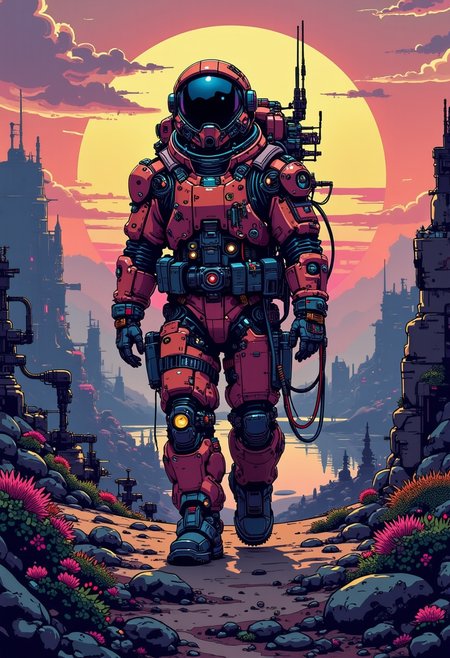 <lora:ck-nc-pastel-cyberpunk:1.2> A digital artwork in the style of cknc, A fighter pilot wearing a space suit, walking on a planet, scenery and a lake in background, sunrise.