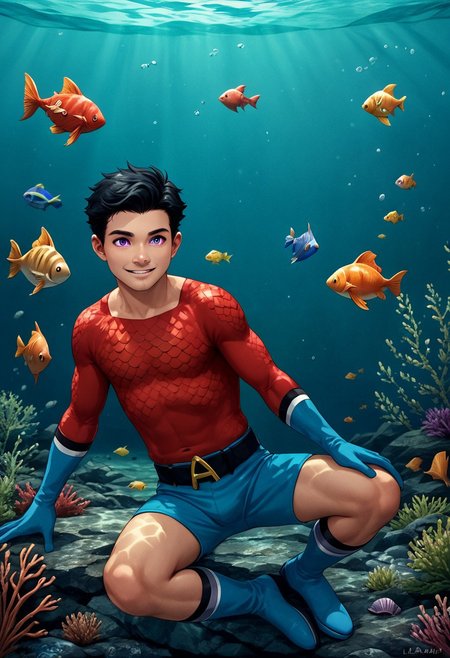score_9, score_8_up, score_7_up, 1boy, solo, male focus, cute boy, young, Aqualad, Black Hair, Purple eyes, seductive smile,l, floating underwater, Red Scale Shirt, fish scales pattern, Blue Speedo, Blue Shorts, Male Swimwear, Blue Gloves, Blue Boots, Belt