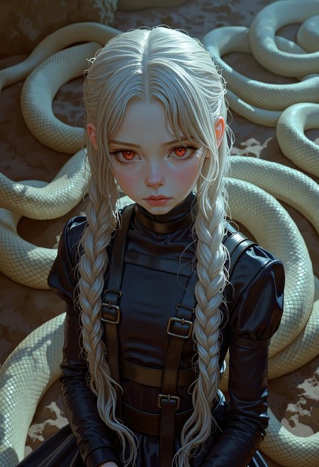 SWMS, young girl with flowing, silver-white hair intricately braided, her piercing red eyes partially obscured by loose strands. She wears a black, form-fitting military-style outfit with leather straps and intricate detailing. Surrounding her are large serpents, their scales glistening with a lifelike texture, eyes glowing a menacing red. Her hands, gloved in textured black leather, rest calmly at her sides. The atmosphere is tense, with soft, diffused light casting sharp, photorealistic shadows across her pale skin and the snakes coiled bodies. The background is a misty, abstract environment, enhancing her eerie and powerful presence. Every detail, from the weave of her braid to the fine scales of the serpents, is rendered with exquisite realism, making the scene vivid and lifelike., detailed drawing   <lora:FLUX - SWMSF - Styles for FLUX ( detailed drawing, swms ):1> <lora:FLUX - Surreal_Photo (Glitter):0.4>