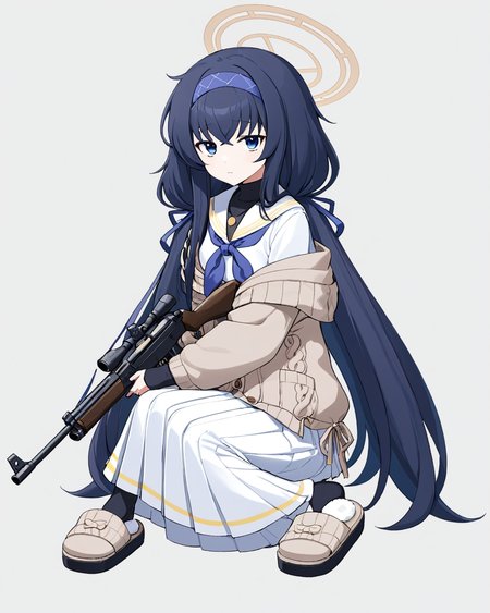 ui \(blue archive\),1girl, solo, slippers, white_background, pleated_skirt, white_skirt, simple_background, halo, cardigan, long_skirt, blue_neckerchief, sailor_collar, holding_gun, rifle, white_serafuku, signature, black_undershirt, long_sleeves, suppressor, full_body, blue_hairband, looking_at_viewer, sitting, low_twintails
<lora:ui_(blue_archive)_image2537_2023-11-28:1>halo. gorgeous,key visual, vibrant, studio anime,award-winning, professional, highly detailed,high budget, cinemascope
