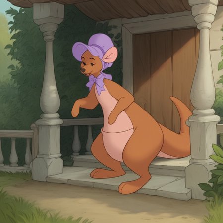 score_9, score_8_up, score_7_up, score_6_up, score_5_up, score_4_up source_furry, WtPKangav2, semi-anthro, female, kangaroo, brown fur, outside, spring, purple bonnet