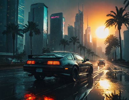 <lora:r0k00g00th:1>,r0k00g00th,r0kur3&l1tyHD. cyberpunk art,, a car driving down a wet road in front of a city skyline with palm trees and a giant sun [2]
