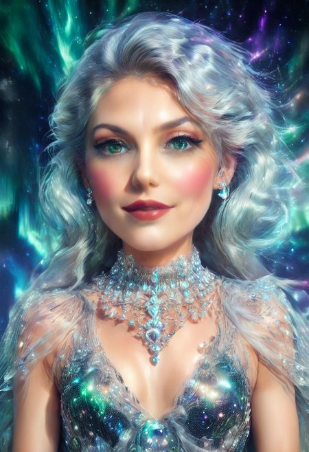 morph-aurora, (close up:2), head portrait,  beautiful milf, score_9, score_8_up, score_7_up, score_6_up, score_5_up, score_4_up, UHD, 8K, masterpiece, detailed, ultra_high_resolution, lots of detail, OverallDetailXL, detailxl, Sci-fi Environments, epiCPhotoGasm-colorfulPhoto, 1girl, green eyes, glittering green dress, necklace, flowing long green hair, jewelry, 34 years old, hands behind the head, high cheekbones, oval face, Timm_Style_XL, artist style, Bruce Timm, red lips, gentle smile, big eyes, crystal, gem,sparkle,  She has a warm motherly charm, a wholesome sexiness,  gold and silver accents befitting a Queen, high neck closure, fully dressed, puffy sleeves.