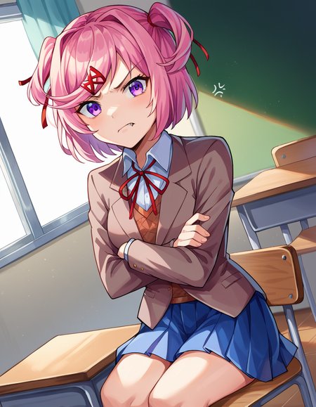 score_9, score_8_up, score_7_up, source_anime,
ddlcnatsuki, <lora:ddlc-natsuki-ponyxl-lora-nochekaiser:1>
ddlcnatsuki, fang, hair ornament, pink hair, purple eyes, short hair, short sidetail, swept bangs, x hair ornament,
blazer, blue skirt, brown jacket, collared shirt, jacket, long sleeves, miniskirt, neck ribbon, pleated skirt, red ribbon, ribbon, school uniform, shirt, skirt, swept bangs, vest, white shirt, wing collar, x hair ornament,
indoors, classroom, sitting, crossed arms, desk, chair, angry, anger vein,
looking at viewer, dutch angle, cowboy shot,