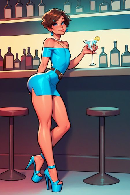 score_9, score_8_up, score_7_up,  score_6, score_5, score_4,  <lora:officialpit_style_v11:0.5>,<lora:princess_xl_v2:0.7>, 
cute thin 20yo slutty femboy twink, (brunette:1.5), hair_clip, earrings , short hair, (wide hips), aroused, looking at viewer, (slender legs:1.2), (flat chest), (tiny bulge:0.5),
(short (white:1.3) off_shoulder dress:1.3). (high heels), drunk, at a bar, holding a drink, necklace, jewelry, belt, perfect ass