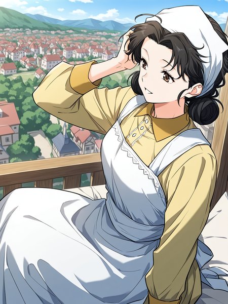 <lora:Emily__The_Greatest_Estate_Designer__Illustrious:1>
1 girl, solo, brown eyes, black hair, hair bun, double bun, short hair, bangs,
shirt, yellow shirt, white apron, head scarf, long sleeves, 
score_9, score_8_up, score_7_up, very aesthetic, source_anime, detailed, high quality, beautiful, masterpiece, detailed eyes, castle, village, blurry background, cityscape, pose dynamic angle, light smile, open mouth, hand on hair, sitting