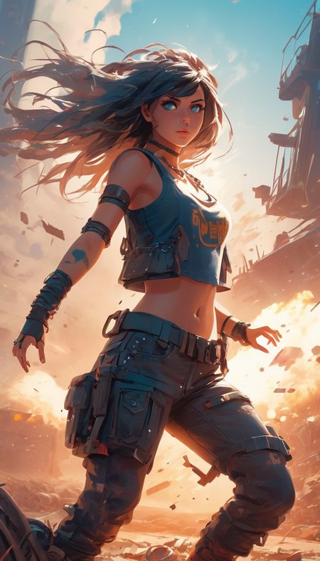 A beautiful female dancing a tank, color explosions, wind, post apocalyptic, extremely beautiful detailed piercing eyes, hero view, action pose, cinematic scene, scenery, detailed background, masterpiece, best quality, high quality, highres, absurdres, very detailed, high resolution, sharp, sharp image, 8k, vivid, colorful, stunning, mature, Toni Infante <lora:toni_infante_xl_v1:1.0>
