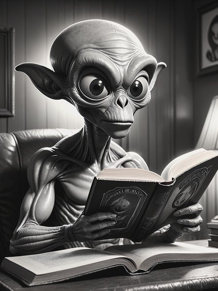 illustration,black and white vintage cartoon of funny alien reading a book, suprised in awe <lora:BW_Vintage_Cartoon:0.8>