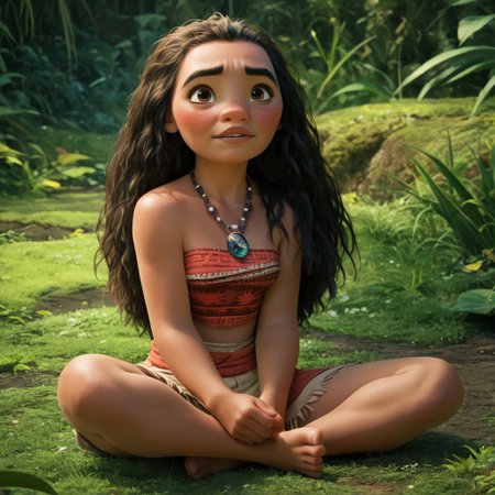 score_9, score_8_up, score_7_up, score_6_up, score_5_up, score_4_up, Moana, sitting on the ground, barefoot, sexy pose, blushing, looking up at viewer, necklace