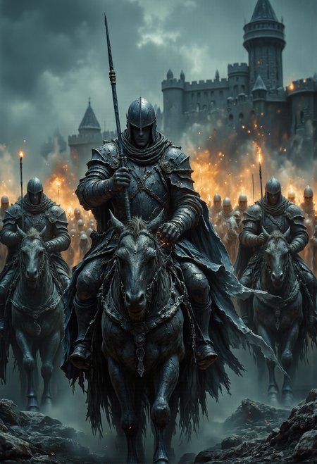 A dramatic and intense medieval cavalry charge under the cover of night, featuring a line of armored knights on horseback galloping at full speed through a thick cloud of fog and dust. Each knight wears polished steel plate armor that glimmers faintly in the flickering light of flaming torches held aloft by their comrades. Their visors are down, concealing their faces, creating an aura of mystery and determination.  The horses are powerful and dynamic, their manes and tails streaming in the wind as they thunder across the dark battlefield. Spears and lances are raised high, some tipped with glowing flames, adding a sense of urgency and ferocity to the charge.  The scene is illuminated by the orange glow of torches, casting long, eerie shadows through the fog and highlighting the silhouettes of the knights and their steeds. In the background, the faint outline of a medieval castle or fortress looms, partially obscured by smoke and mist, suggesting the battle's destination.  The atmosphere is dark and foreboding, with a muted blue and gray palette contrasting with the warm glow of the torches. The composition captures the raw energy, coordination, and fearsome unity of the charging cavalry, evoking themes of valor and impending conflict. <lora:ancient.safetensors:0.15>,  <lora:Elden_Ring_-_Yoshitaka_Amano.safetensors:1.0>,  <lora:fantasy-flux-v1.safetensors:1.0>,  <lora:aiai-Glimra-Flux-Dev-v2.safetensors:0.75>,  <lora:Movie_Portrait.safetensors:0.5>,  <lora:- Flux1 - soothing_atmo_V2.0.safetensors:0.2>,  <lora:lith_mimosa_kiel_grw134_FLUX.safetensors:0.4>,