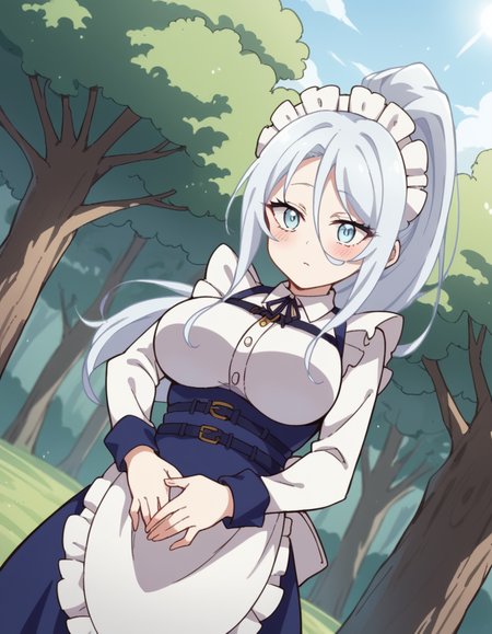 score_9, score_8_up, score_7_up, source_anime, <lora:sylpha-langlis-s1-ponyxl-lora-nochekaiser:1>, sylpha langlis, long hair, blue eyes, hair between eyes, ponytail, white hair,, large breasts, apron, maid, maid headdress, maid apron, frills, long sleeves,, Natural settings, trees, rivers, sunlight, wildlife, , hand on stomach, blush,, looking at viewer, solo,, dutch angle, cowboy shot