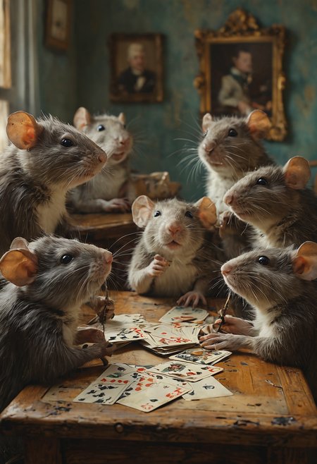a group of rats in the nursing home gather around a table for a game of cards, with one rat wearing a monocle and another puffing on a cigar. The rendering style is reminiscent of a classic oil painting.  <lora:add-detail-xl:1>  <lora:MJ52:0.5>