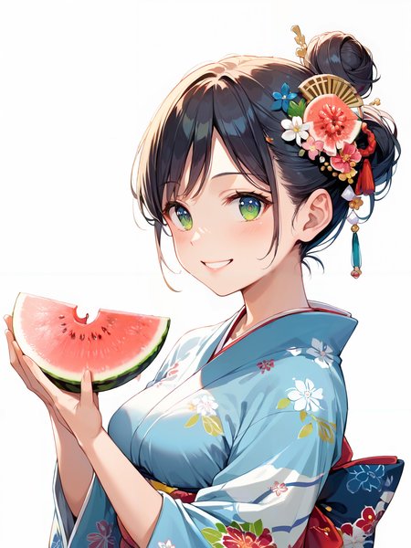 score_9, score_8_up, score_7_up,source_anime, high res image,masterpiece,best quality,woman,middle breasts,cute face,clear skin,shiny hair,ultra detailed eyes,simple background,  <lora:watermelon_pony_V1.0:0.8> watermelon, holding watermelon, smile,kimono <lora:kanzashi_pony_V1.0:0.4> kanzashi, hair ornament, hair bun
