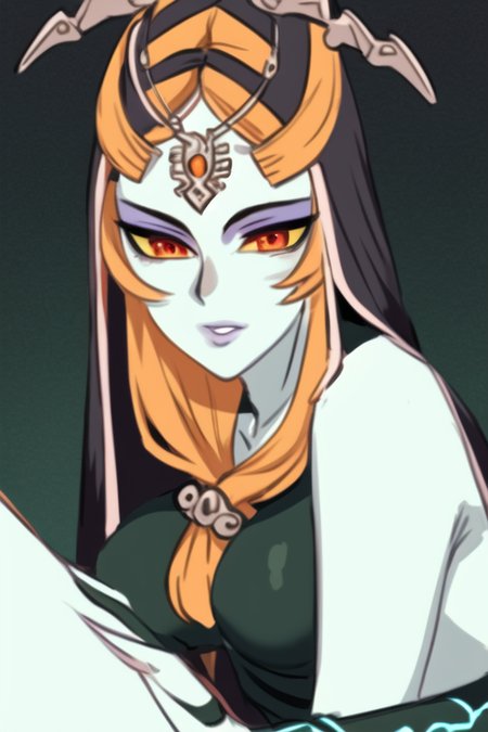 masterpiece, best quality, portrait of midna in a dark world with green lighting, full body, pelvic curtain, legs, slim, 1girl, breasts, colored sclera, blue skin, forehead jewel, front ponytail, grey skin, large breasts, lips, long hair, looking at viewer, midna, orange hair, solo, upper body, yellow sclera, intricate hair, official art