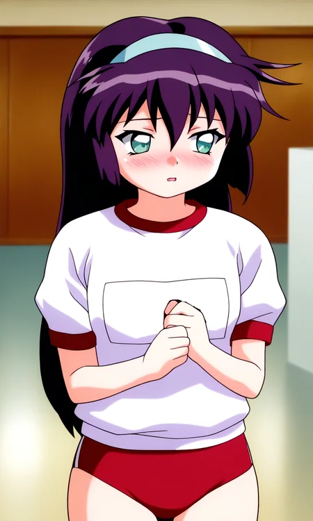 general,highres, ultra-detailed,very aesthetic,best quality ,best hands, BREAK  <lora:Amano_Misao_Pretty_Sammy_IS:1>
Amano_Misao, 1girl, solo, purple hair, long hair, bangs,  light blue hairband, green eyes,  hair between eyes, 
red buruma, parted lips, shirt, name tag, indoors, looking to the side, white shirt, blush, standing, gym shirt, looking away, open mouth,